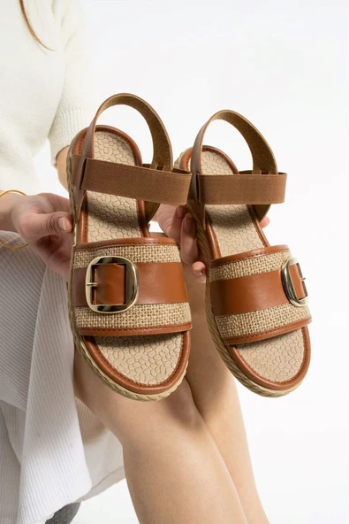 Albishoes Kadın Tokalı Şık Yazlık Sandalet Lastikli Hafif Rahat Taban Kadın Tek Bant Sandalet
