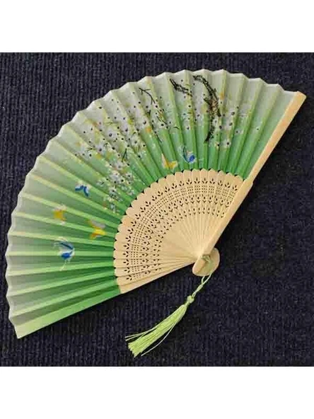 Beluga Yelpaze Bambu Vintage Yeşil Kelebekli Bahar Dalı Desenli Şık Püsküllü Japon Yelpaze 0259 - 2
