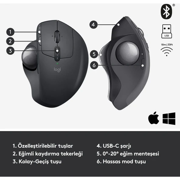 Logitech ergo910-005179 MX Ergo Graphite Kablosuz Mouse - 6