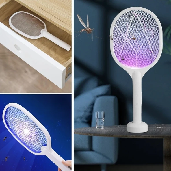 MERGEN STORE Şarjlı Sinek Öldürücü Masaüstü Standlı,Mor Işık Sinek Kovucu Raket 5w - Resim 2