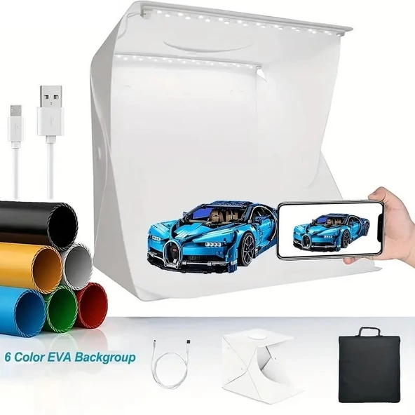 MERGEN STORE Katlanır Işıklı Fotoğraf Stüdyosu 40x40 cm 6 Renk Fonlu Ürün Çekimi İçin Uygun Fotoğraf Çekim Kutusu - 2