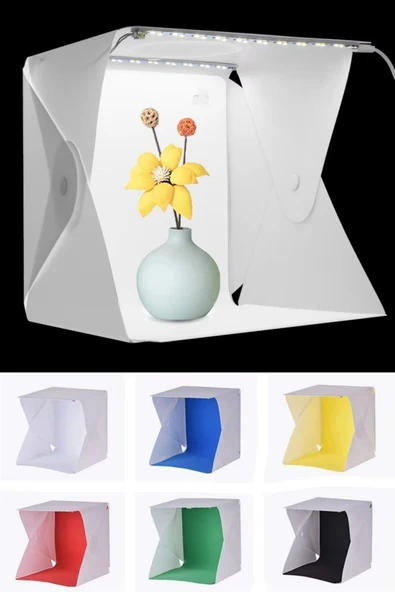 MERGEN STORE Katlanır Işıklı Fotoğraf Stüdyosu 40x40 cm 6 Renk Fonlu Ürün Çekimi İçin Uygun Fotoğraf Çekim Kutusu - 8