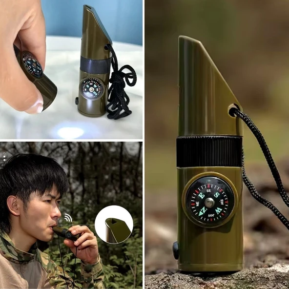 BUFFER® 7si 1arada Acil Durum Düdüğü,El Feneri, Termometre,Pusula,Büyüteç,Depolama Bölmeli Kampçı Düdüğü - Resim 3