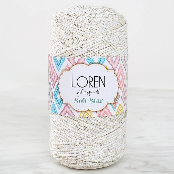 Loren Soft Star Makrome İpi Sarı Simli Krem RM103 ürün görseli