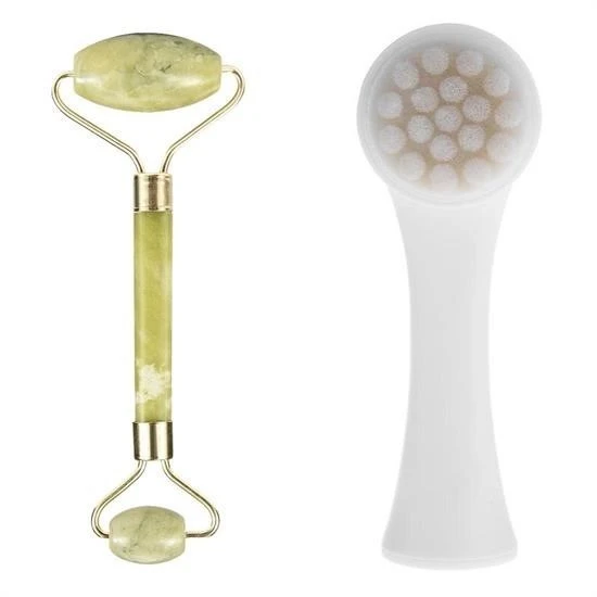 MERGEN STORE 2li Set Çift Taraflı Cilt Temizleme Fırçası ve Yeşim Taşı Çift Taraflı Cilt Masaj Aleti