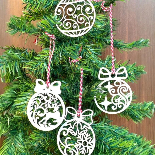 BUFFER® 10 Parça Kırmızı Beyaz İpli Fiyonk Model Ahşap Yılbaşı Ağaç Süsü - 3