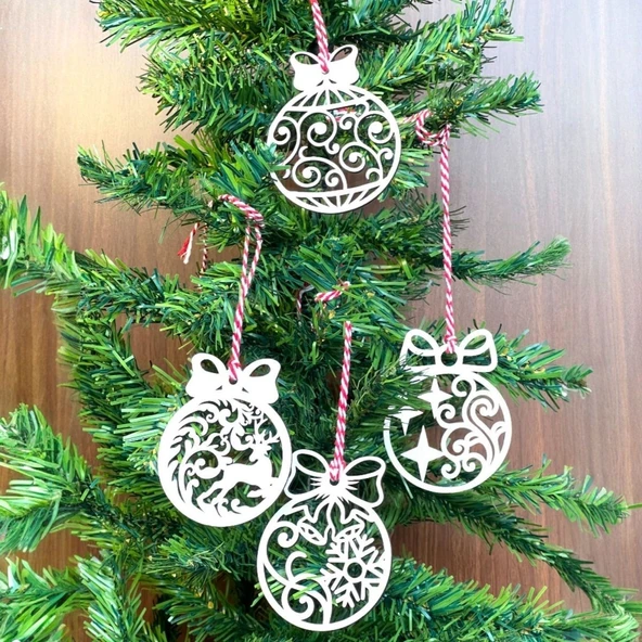 BUFFER® 10 Parça Kırmızı Beyaz İpli Fiyonk Model Ahşap Yılbaşı Ağaç Süsü - 2