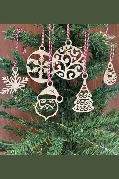 BUFFER® 6 Parça Kırmızı Beyaz İpli Noel Babalı ve Kar Tanesi Model Ahşap Yılbaşı Ağaç Süsü - 2