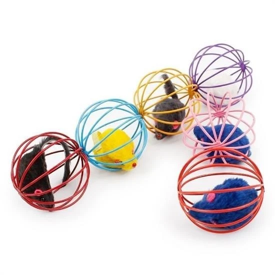 MERGEN STORE Renkli Metal Kafesli Peluş Fareli Kedi Köpek Oyuncağı Oyun Topu 6 cm - 2