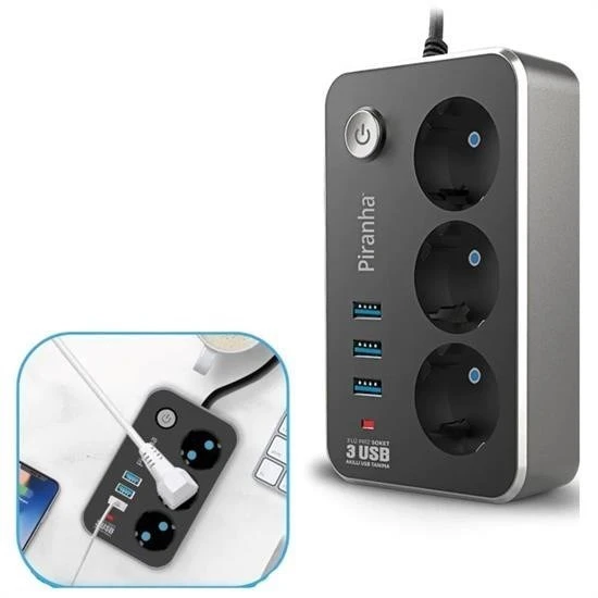 MERGEN STORE Isıya Dayanıklı Termal Akım Korumalı 2 Mt 10A 2500W 3lü Priz ve 3 Usbi 21A Uzatma Kablosu - 3