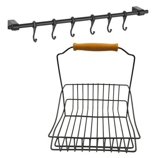 MERGEN STORE Retro Ferforje Askılı Siyah  Ahşap Kulplu Düzenleyici Mutfak Sepeti - Resim 4