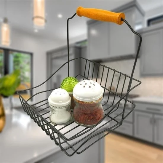 MERGEN STORE Retro Ferforje Askılı Siyah  Ahşap Kulplu Düzenleyici Mutfak Sepeti - Resim 5