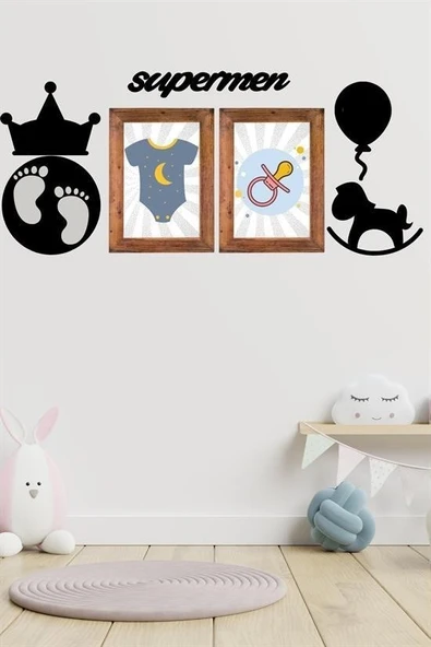 MERGEN STORE DECO103 Supermen Dekoratif Duvar Süsü Tablo Aksesuar Ahşap Tasarım Hediye Pano Sticker Seti - 4