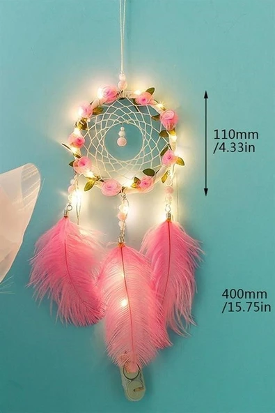 MERGEN STORE El Yapımı Kuş Tüyü ve Led Işıklı Dekoratif Asma Düş Rüya Kapanı - 8