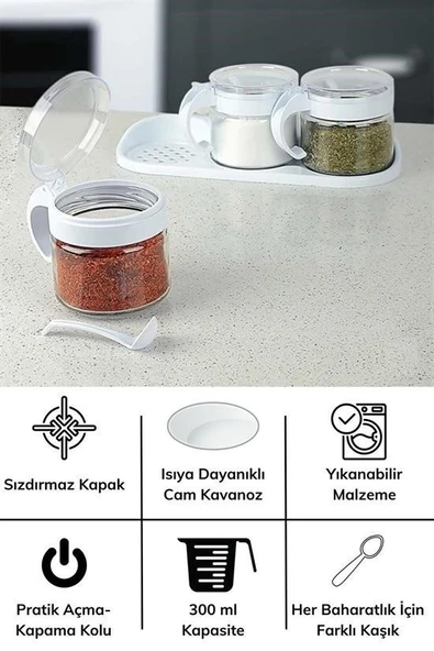 MERGEN STORE Beyaz 3lü Standlı Kapaklı Kaşıklı Cam Hava Sızdırmaz Baharatlık Takımı KC-386 - 7