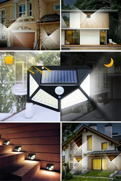 MERGEN STORE 100 Ledli 3 Farklı Aydınlatma Ayarlı Solar Güneş Enerjili Hareket Sensörlü Bahçe Duvar Lambası - 6