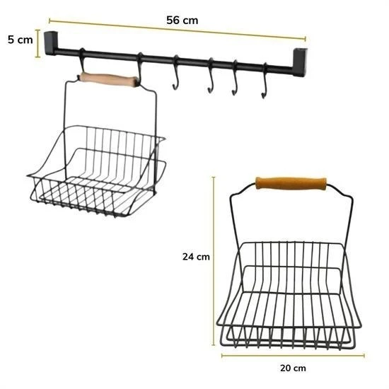 MERGEN STORE Retro Ferforje Askılı Siyah  Ahşap Kulplu Düzenleyici Mutfak Sepeti - Resim 6