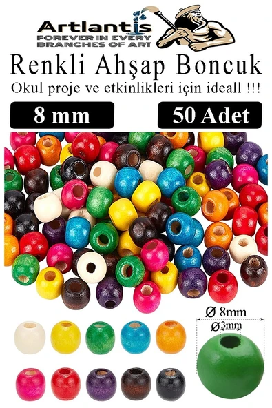 Renkli Ahşap Boncuk 8mm 50 li 1 Paket Renkli Ahşap Boyalı Yuvarlak Doğal Boncuklar Saç Takı Tasarım Ektinlik Kreş Okul