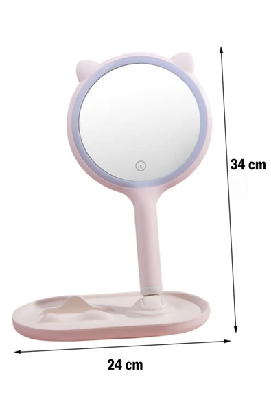MERGEN STORE Kedi Kulaklı Telefon Standlı Yuvarlak Dokunmatik Led Ayarlı Masa Üstü Makyaj Aynası - 8