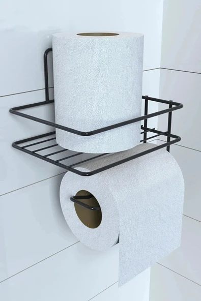 MERGEN STORE Kendiliğinden Yapışkanlı Tuvalet Kağıdı Tutacağı ve Yedek Raf - Siyah Modern Metal Tasarım - 6