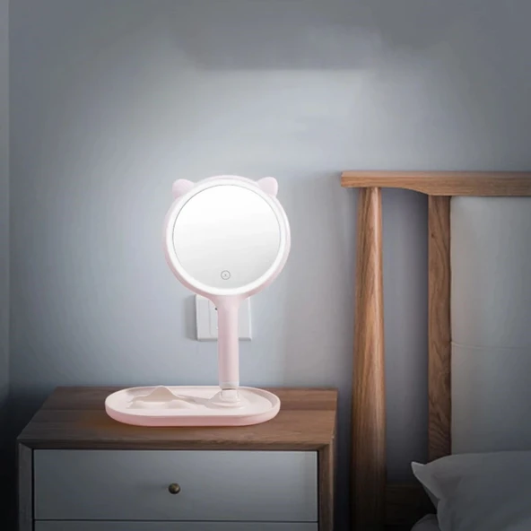 MERGEN STORE Kedi Kulaklı Telefon Standlı Yuvarlak Dokunmatik Led Ayarlı Masa Üstü Makyaj Aynası - 2