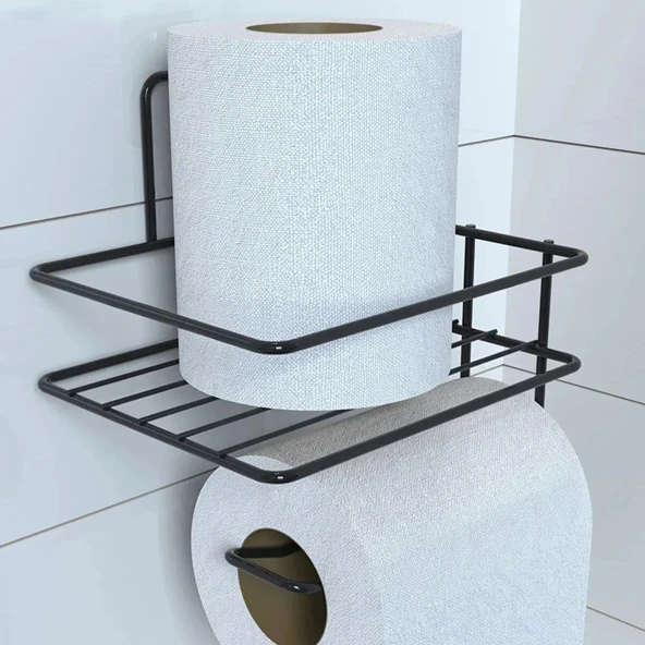 MERGEN STORE Kendiliğinden Yapışkanlı Tuvalet Kağıdı Tutacağı ve Yedek Raf - Siyah Modern Metal Tasarım
