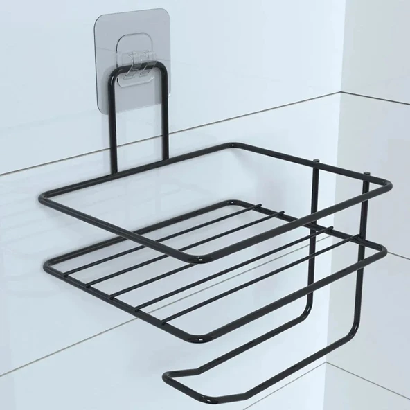 MERGEN STORE Kendiliğinden Yapışkanlı Tuvalet Kağıdı Tutacağı ve Yedek Raf - Siyah Modern Metal Tasarım - 2