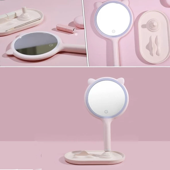 MERGEN STORE Kedi Kulaklı Telefon Standlı Yuvarlak Dokunmatik Led Ayarlı Masa Üstü Makyaj Aynası - 5