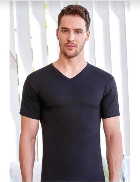 BERRAK 1006 ERKEK KISA KOL V YAKA ATLET 6 ADET  SİYAH M - Resim 2