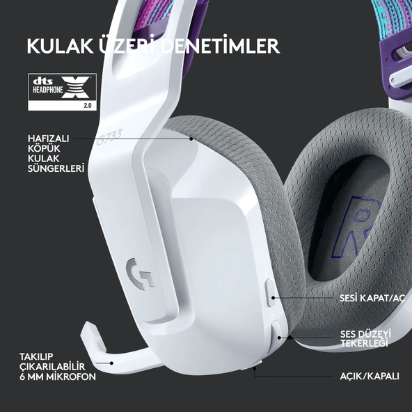 Logitech G G733 LIGHTSPEED RGB Kablosuz 7.1 Surround Ses Oyuncu Kulaklığı - Beyaz - 5
