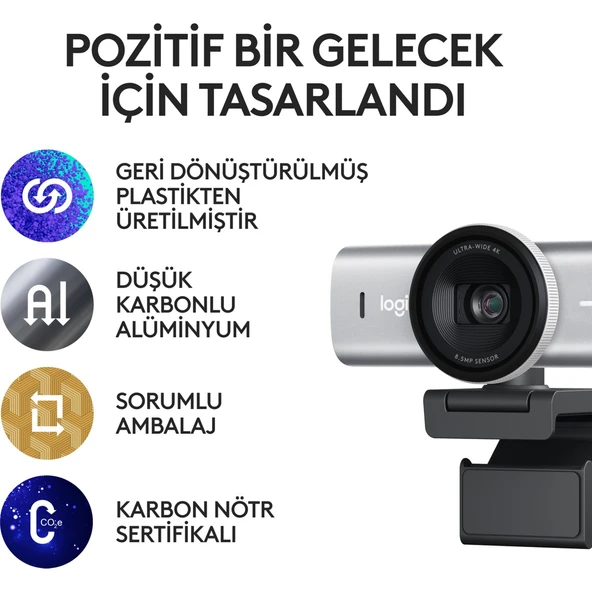 Logitech Mx Brio Ultra Hd 4K Gizlilik Kapaklı ve Mikrofonlu Yayın Web Kamerası, Açık Gri - 10