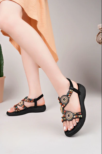 Günlük Kadın Parmak Arası Sandalet Düşmez Boncuklu Taşlı Lastik Bant Fuspet Rahat Düz Topuk Taban 06 - 2