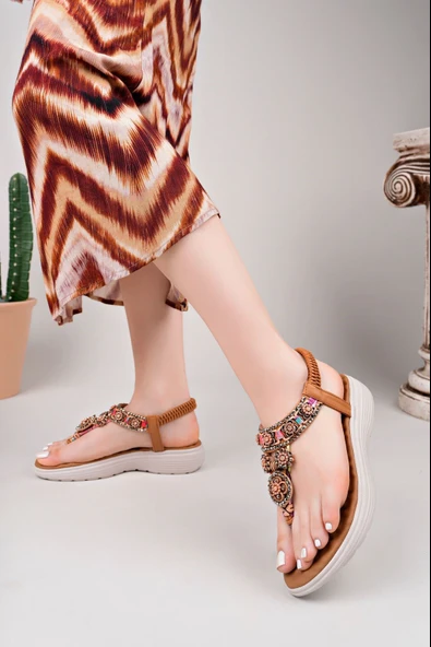 Günlük Kadın Parmak Arası Sandalet Düşmez Taşlı Lastikli Esnek Bant Fuspet Rahat Düz Topuk Taban 09 - 5