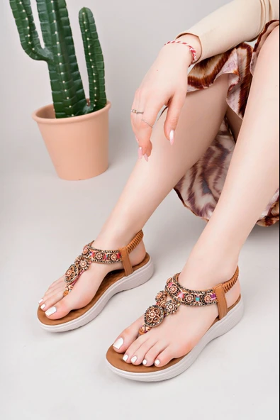 Günlük Kadın Parmak Arası Sandalet Düşmez Taşlı Lastikli Esnek Bant Fuspet Rahat Düz Topuk Taban 09 - 4