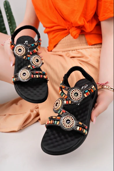 Günlük Kadın Parmak Arası Sandalet Düşmez Boncuklu Taşlı Lastik Bant Fuspet Rahat Düz Topuk Taban 06