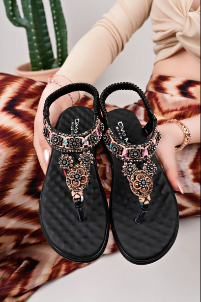 Günlük Kadın Parmak Arası Sandalet Düşmez Taşlı Lastikli Esnek Bant Fuspet Rahat Düz Topuk Taban 09 - 3