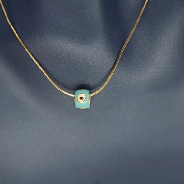 Halka Nazarlıklı Çelik Kolye Açık Mavi - Resim 3