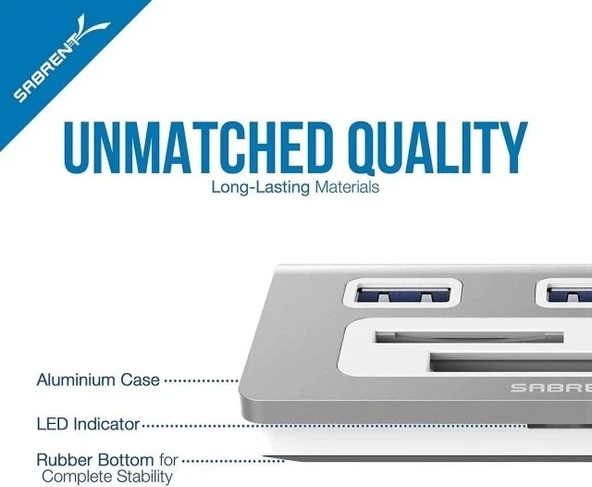 SABRENT 3 Bağlantı Noktalı Alüminyum USB 3.0 Hub ve Çoklu Kart Okuyucu (HB-MACR) - 8