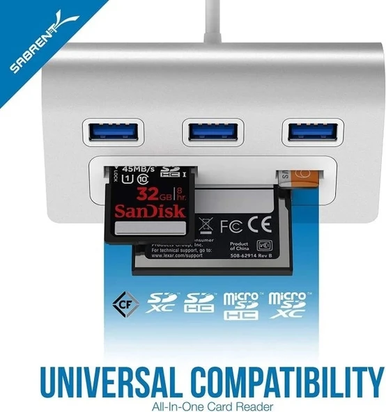 SABRENT 3 Bağlantı Noktalı Alüminyum USB 3.0 Hub ve Çoklu Kart Okuyucu (HB-MACR) - 4
