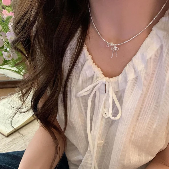 Gümüş Kaplama Fiyonk Kurdele Fiyonk  Pembe Kalp Detaylı Dorika Kolye Aksesuar Şık Takı Moda - 3