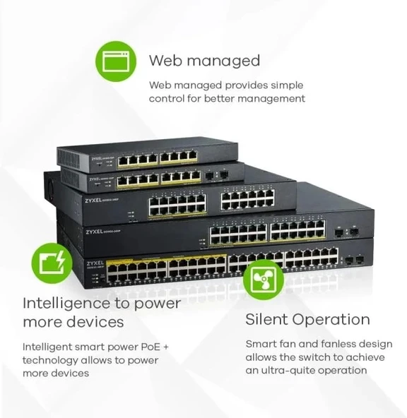 ZYXEL 24 Bağlantı Noktalı Gigabit Ethernet Akıllı Switch GS1900-24 48 Ports + 2 SFP