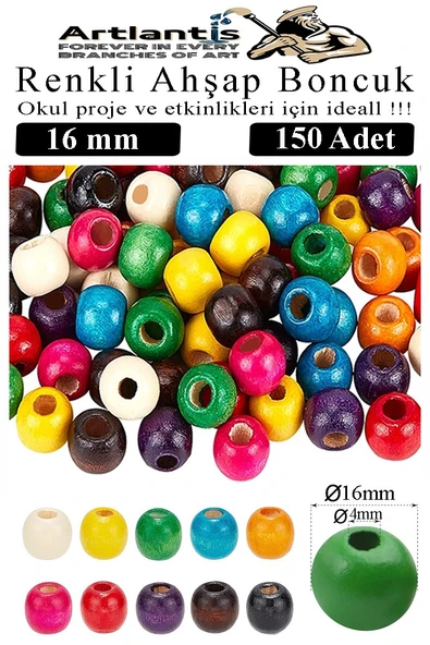 Renkli Ahşap Boncuk 16mm 150 li 1 Paket Renkli Ahşap Boyalı Yuvarlak Doğal Boncuklar Saç Takı Tasarım Ektinlik Kreş Okul