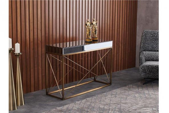 Fidex Home Modern Tasarım Dekoratif Dresuar Altın Oksit Kaplama Füme Camlı 120cm