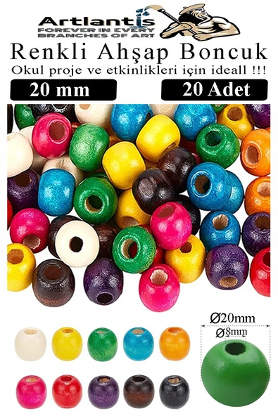 Renkli Ahşap Boncuk 20mm 20 li 1 Paket Renkli Ahşap Boyalı Yuvarlak Doğal Boncuklar Saç Takı Tasarım Ektinlik Kreş Okul
