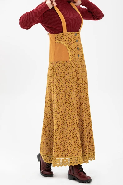 Salopet Pazen Uzun Sonbahar ve Kışlık Etek Çıtır Desen Hardal Hrd L Hardal - 3