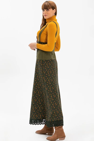 Salopet Pazen Uzun Sonbahar ve Kışlık Etek Çıtır Desen Haki Hk L Haki - 4