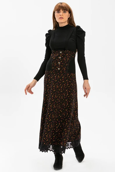 Salopet Pazen Uzun Sonbahar ve Kışlık Etek Çıtır Desen Siyah Syh L Siyah