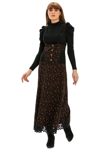 Salopet Pazen Uzun Sonbahar ve Kışlık Etek Çıtır Desen Siyah Syh L Siyah - 6