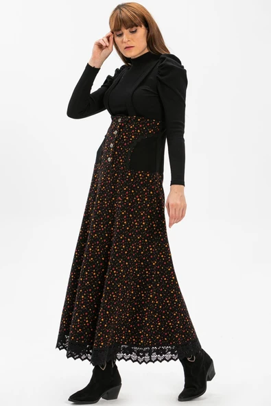 Salopet Pazen Uzun Sonbahar ve Kışlık Etek Çıtır Desen Siyah Syh L Siyah - 4