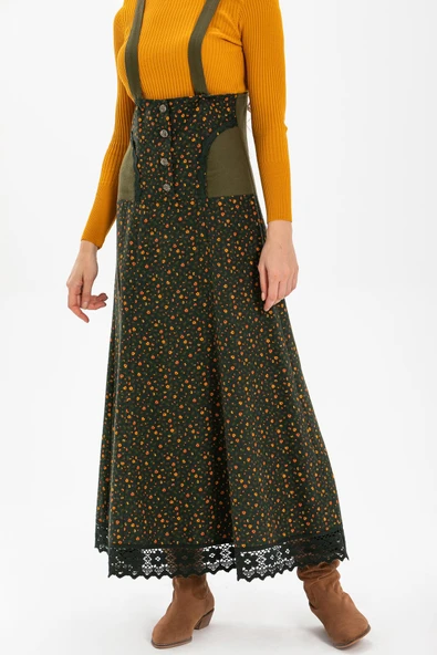 Salopet Pazen Uzun Sonbahar ve Kışlık Etek Çıtır Desen Haki Hk L Haki - 3